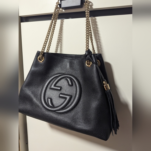 Gucci Pebbled Calfskin Medium Soho Chain Shoulder Bag Black - Picture 3 of 16